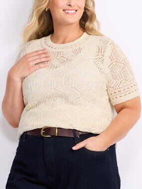 Design History Harper Crochet Short Sleeve Sweater White/cream 3X (Stitch Fix)